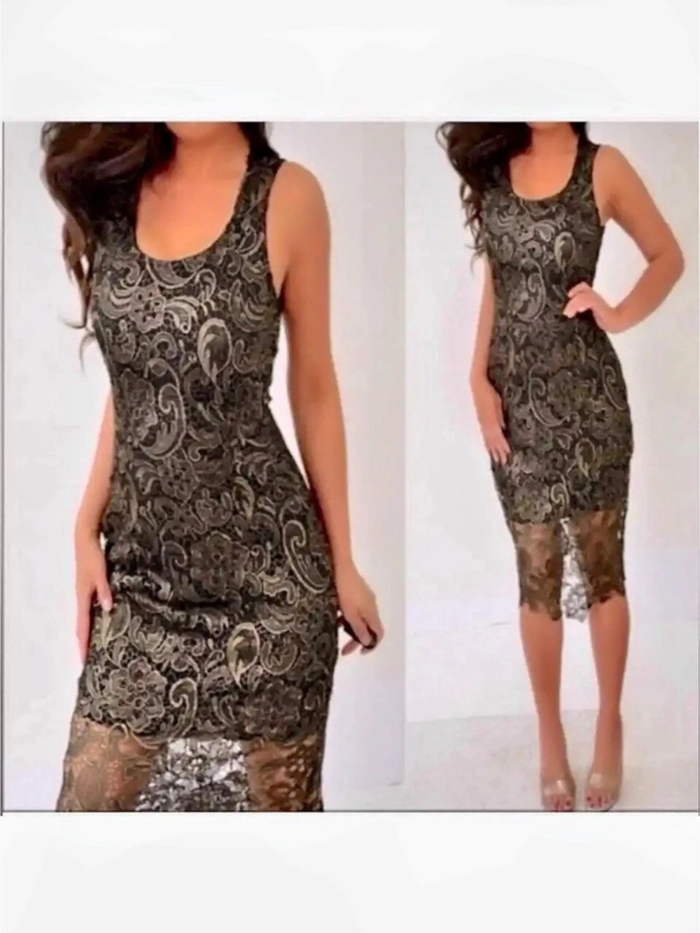Sans Souci Paisley Lace Midi Dress in Black & Gold Size Medium